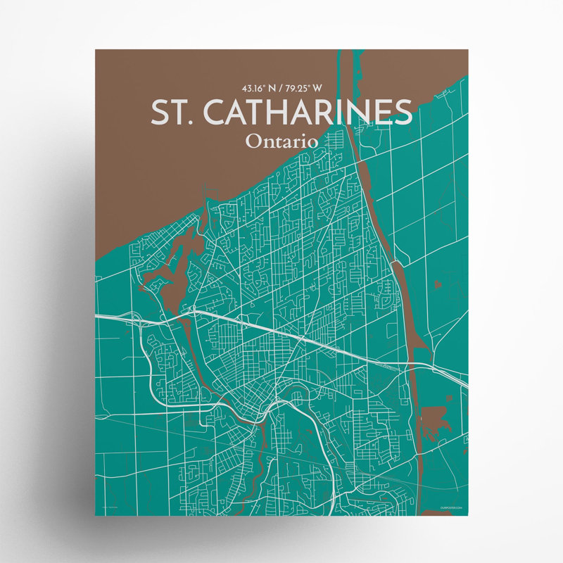 St. Catharines City Map, impression, H 20 po x l 16 po, Vert / brun