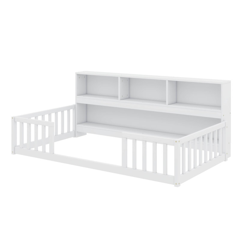 Lit simple simple avec bibliothèque, diverses tablettes de rangement et garde-corps, Blanc