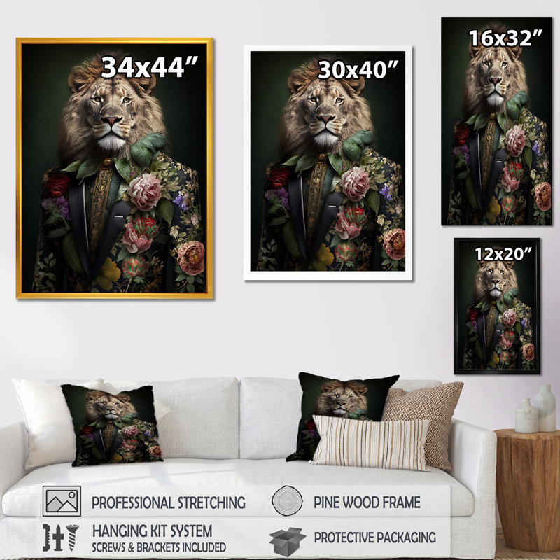 «Glamour Fashion Lion with Flower suit I», reproduction sur toile, H 44 po x l 34 po x P 1,5 po, Cadre flottant doré