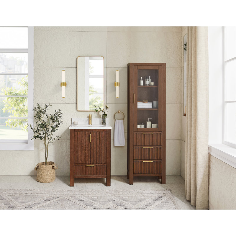 Meuble-lavabo à simple cuve 24 po en chêne brun foncé vieilli avec plateau en pierre composite à grain blanc, 24"