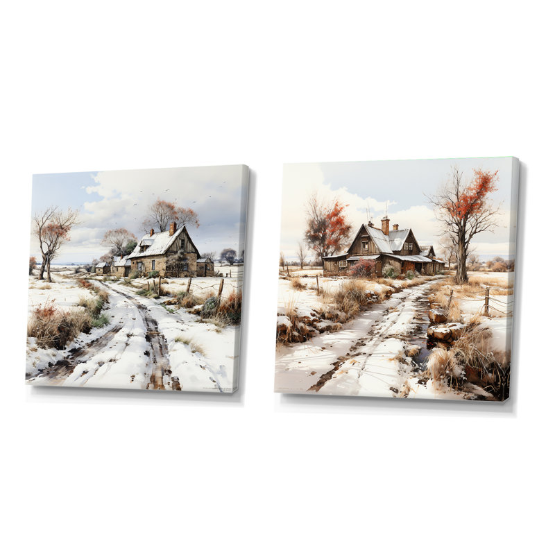 Hiver campagne campagne dévoilée - ensemble de 2 collages carrés de ferme, Toile tendue, H 36 po x l 73 po