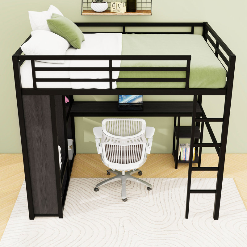 Lit mezzanine avec bureau intégré, armoire et tablettes, Lit double, Noir