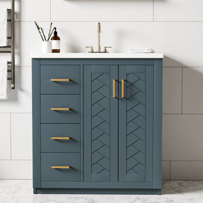 Meuble-lavabo autoportant avec poignées en métal pour salle de bain 30 po avec lavabo en céramique - structure en bois massif, 3 tiroirs à fermeture en douceur et 2 portes à fermeture en douceur
