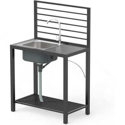 Outdoor Kitchen Island With Storage, Aluminum Kitchen Storage Island Stainless Steel Outdoor Sink W/Faucet & Drainboard, Freestanding Storage Shelves With Protective Cover Indoor Outdoor