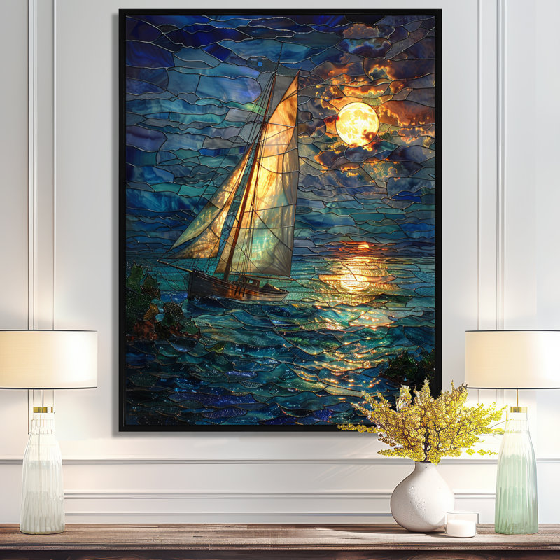 Voilier sur des vagues turquoise sous la pleine lune blanche - art mural plage et océan, H 32 po x l 16 po x P 1 po