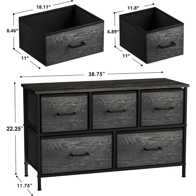 Black Fabric and Wood 5-Drawer Horizontal Dresser