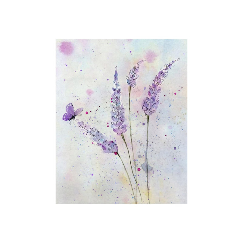 Papillon avec fleur mauve, art mural 16 po x 20 po