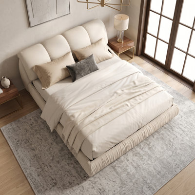 King Size Luxury Upholstered Platform Bed with Oversized Padded Backrest and Solid Wood Frame,Beige