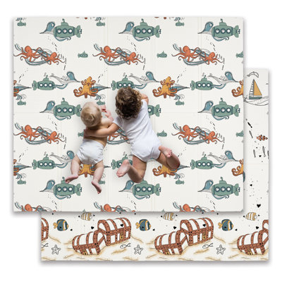 JumpOff Jo Foldable Foam Play Mat – Large Waterproof Baby & Toddler Activity Floor Mat, Double-Sided 70 x 59 Inch Play Surface - Octopus Treasure