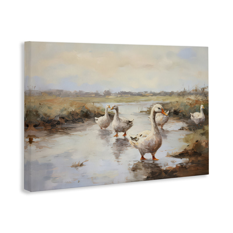 Art mural sur toile Swan Family Traditional Pond par Petal Prints Design, H 30 po x l 45 po