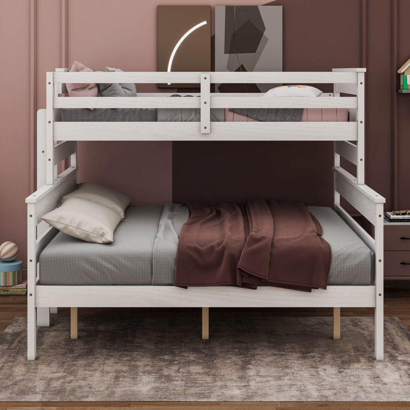 Lit superposé en bois avec échelle, Blanc, Lit simple très long sur grand lit