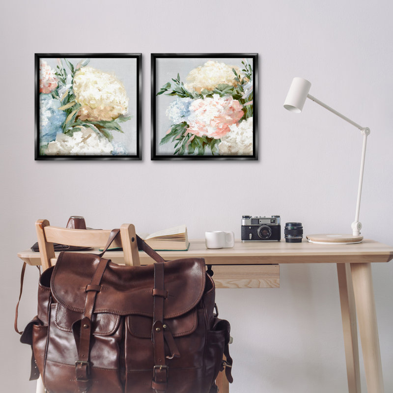  Pastel Blooming Hydrangeas 2 PC Framed Floater Canvas Set by Alex Black, Jet Black Floater Frame, 18" H x 18" W