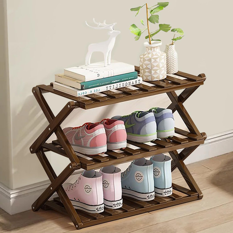 Étagère à chaussures pliable en bambou à 3 rangées, Brun