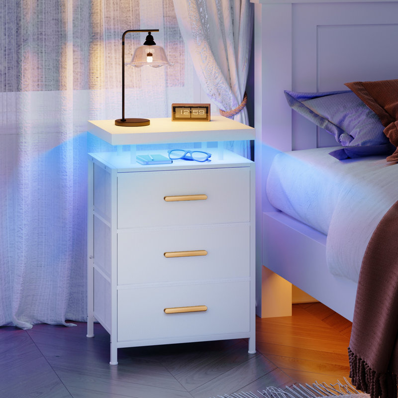3 Drawers White Nightstand With Smart Led, White