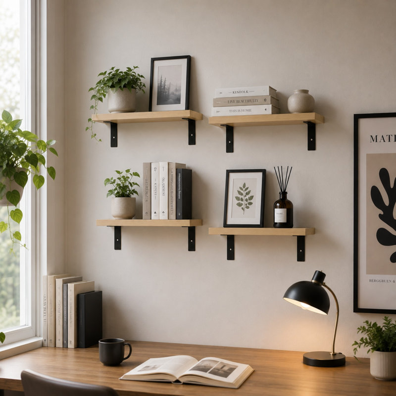 4 Piece Wall Mounted Floating Shelf Set with Black Metal Brackets