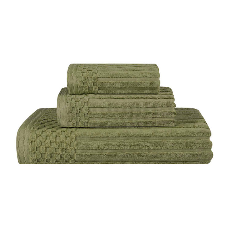 Kaelea Soho Cotton Ribbed Checkered Border Medium Weight 3 Piece Assorted Bathroom Towel Set, Sage Green, 3 Piece Towel set
