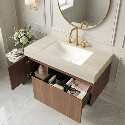 Meuble-lavabo et lavabo 36 po, armoire de rangement flottante en contreplaqué avec tiroir et porte, plateau en pierre frittée Roma Travertine et lavabo en céramique avec 3 trous de robinet pré-percés, pré-assemblé, grain de bois de chêne brun
