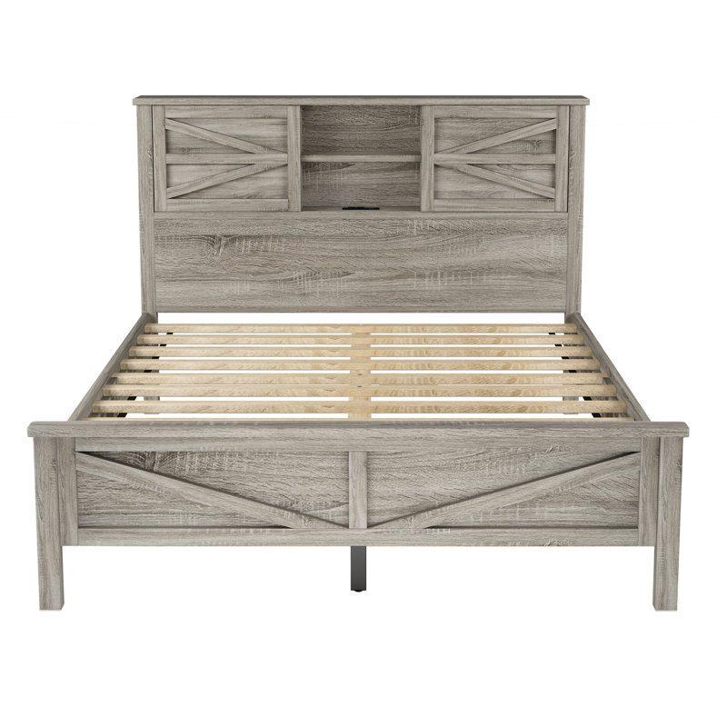 Grand lit en bois de style rustique avec tête de lit à double porte coulissante et point de charge, finition gris antique, support en lattes de bois, plateforme grand lit sans sommier, gris, base, nécessaire