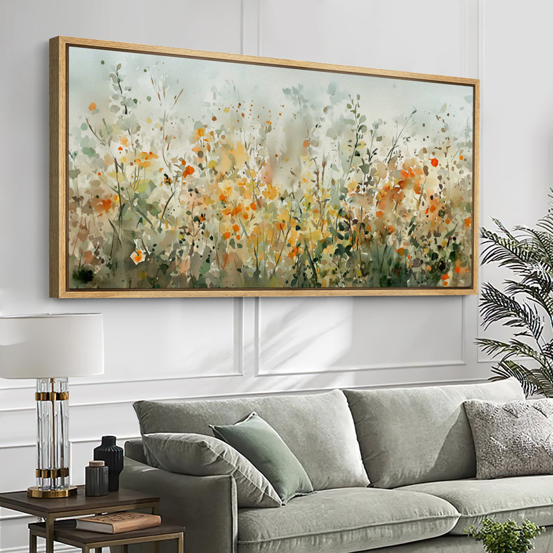 Green Orange Abstract Wildflowers Artwork, Watercolor Paint Strokes Effect Wall Pictures, Giclee Canvas Digital Print Extra Large Framed Wall Art