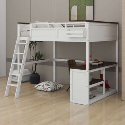 Grand lit mezzanine avec bureau intégré, boîte de rangement, tablettes ouvertes et station de recharge USB, structure de lit mezzanine en bois peu encombrante