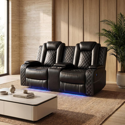 Canapé modulaire inclinable électrique en cuir pour le cinéma maison, canapé électrique inclinable avec alimentation sans fil, éclairage ambiant à DEL, porte-gobelets et rangement, canapé en cuir Air pour le confort du salon (beige) - Causeuse