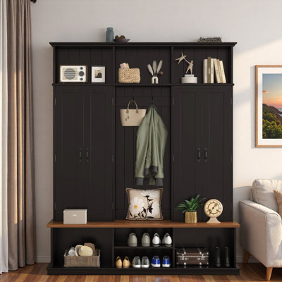 Hall Tree With Bench, Top Cubbies, Bottom Storage Space, Cabinets And Hooks