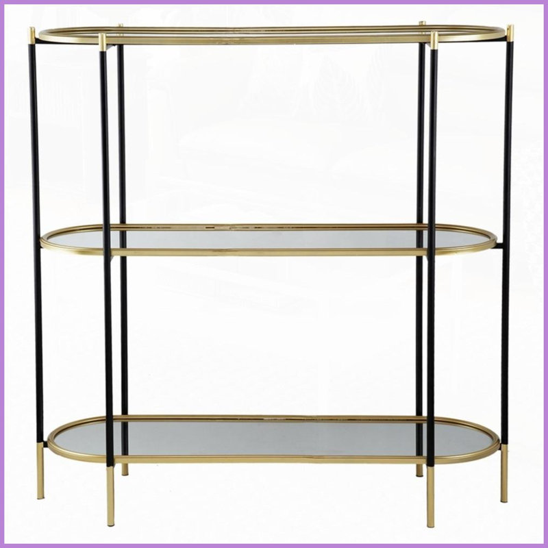 Table basse moderne et chic en métal à 3 niveaux avec tablettes en miroir, finition or noir pour un salon luxueux