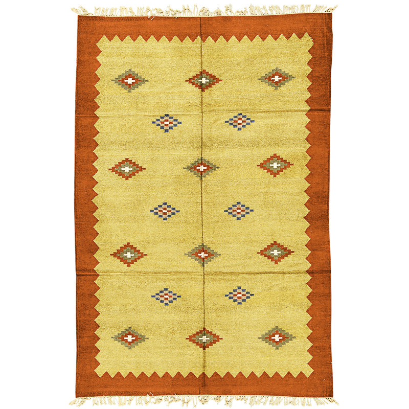 Hand Knotted Cotton Area Rug in Gold And Red