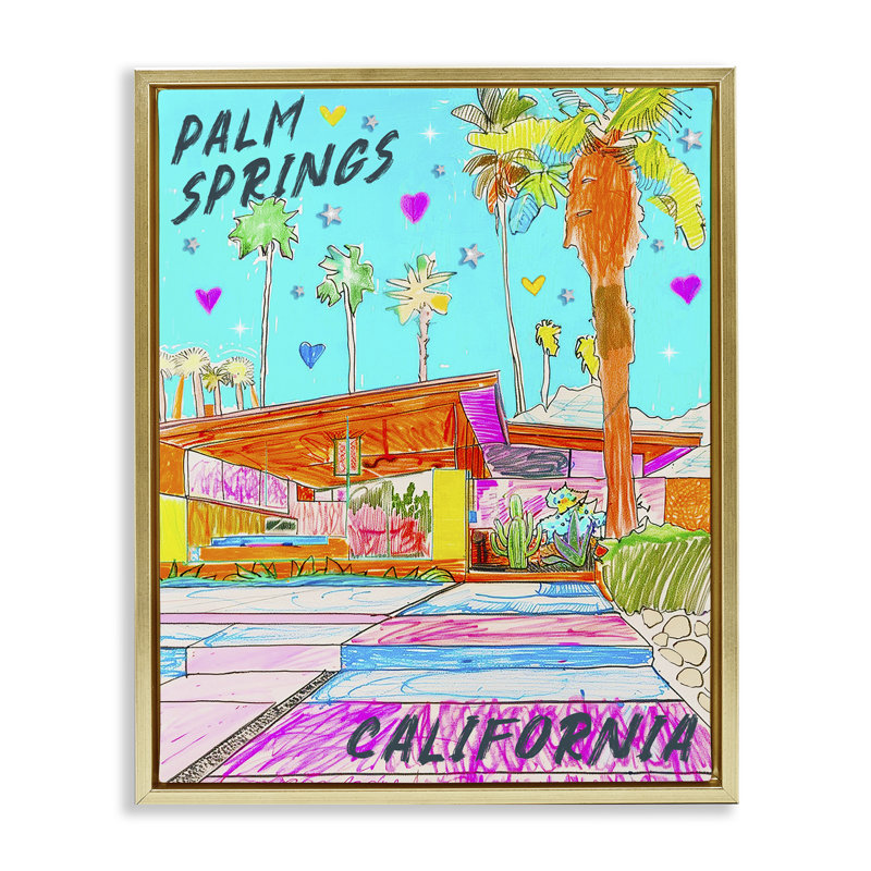 «Palm Springs Villa Doodle» par Jess Stempel, Cadre flottant métallique doré, H 21 po x l 17 po