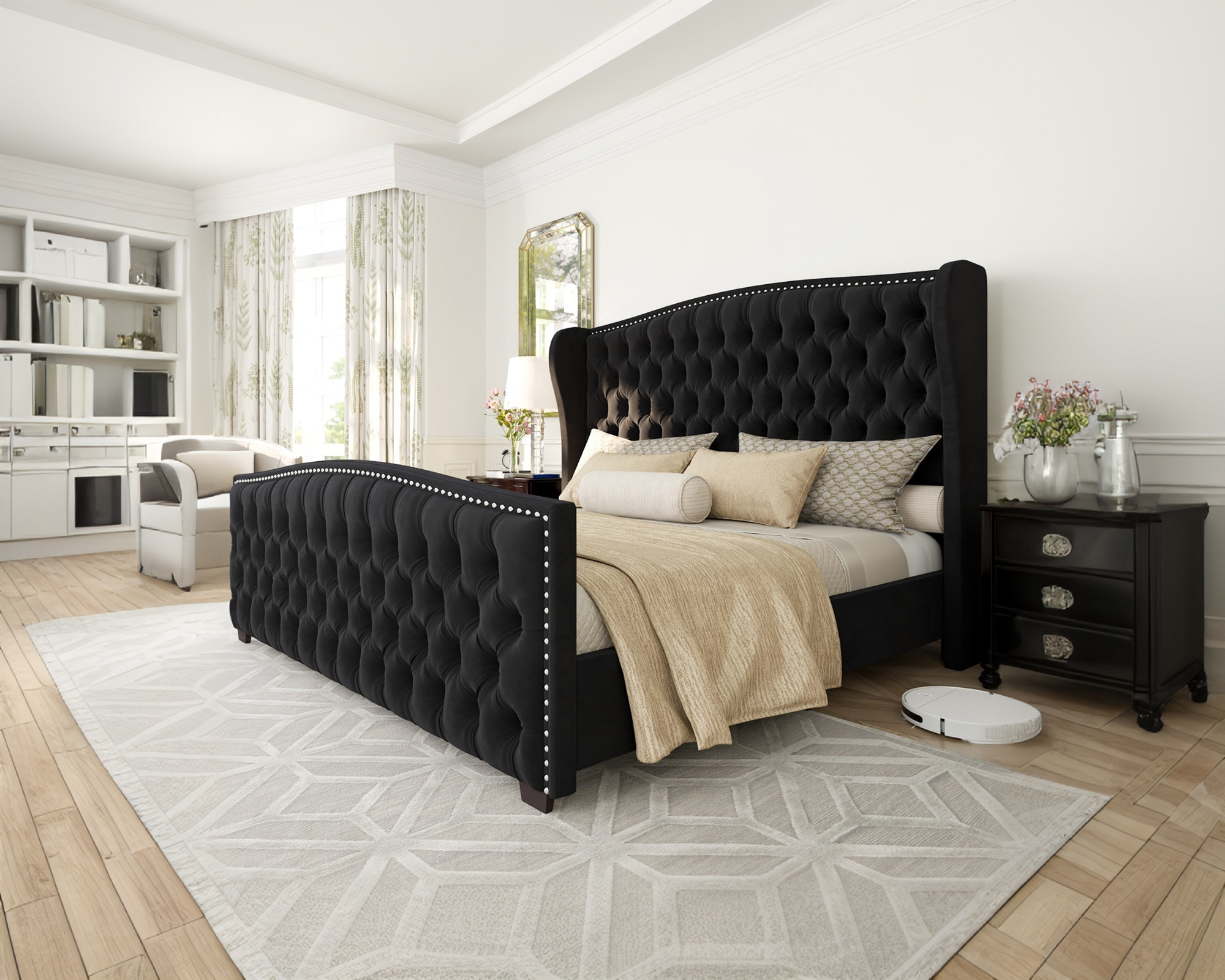 DuJuan Deep Button Tufted Upholstered Bed with Nailhead Trim Wingback Headboard
