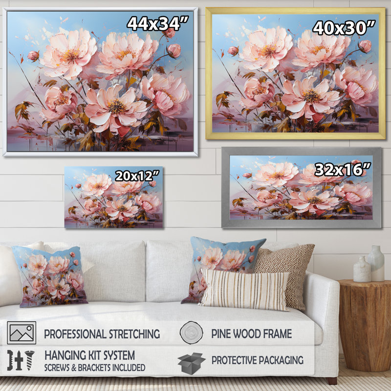 Pivoines roses, art liquide, champ de fleurs IV - reproduction, Toile tendue, H 34 po x l 44 po x P 1,5 po