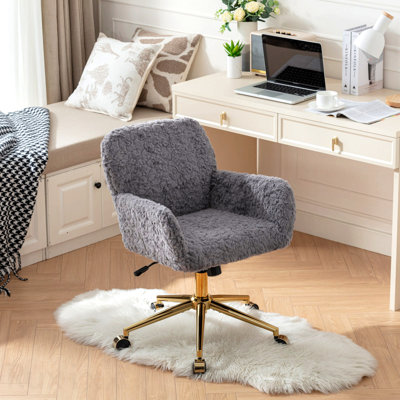 Chaise de bureau grise, chaise de bureau en poils de lapin artificiel, avec base en métal doré, chaise de bureau pivotante réglable, chaise de coiffeuse