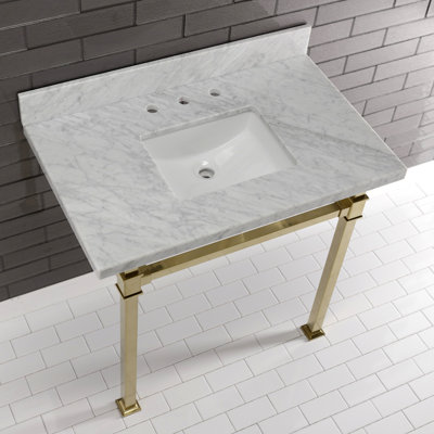 Kingston Brass Monarch 36-Inch Carrara Marble Console Sink with Stainless Steel Legs (8-Inch, 3-Hole)