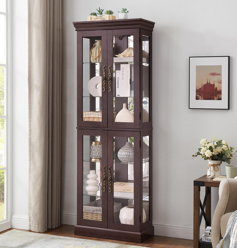 Vitrine élégante en verre lumineux | Cadre en bois, présentoir à vin et jouets avec rangement | Ampoule incluse pour le salon, la cuisine et le garde-manger