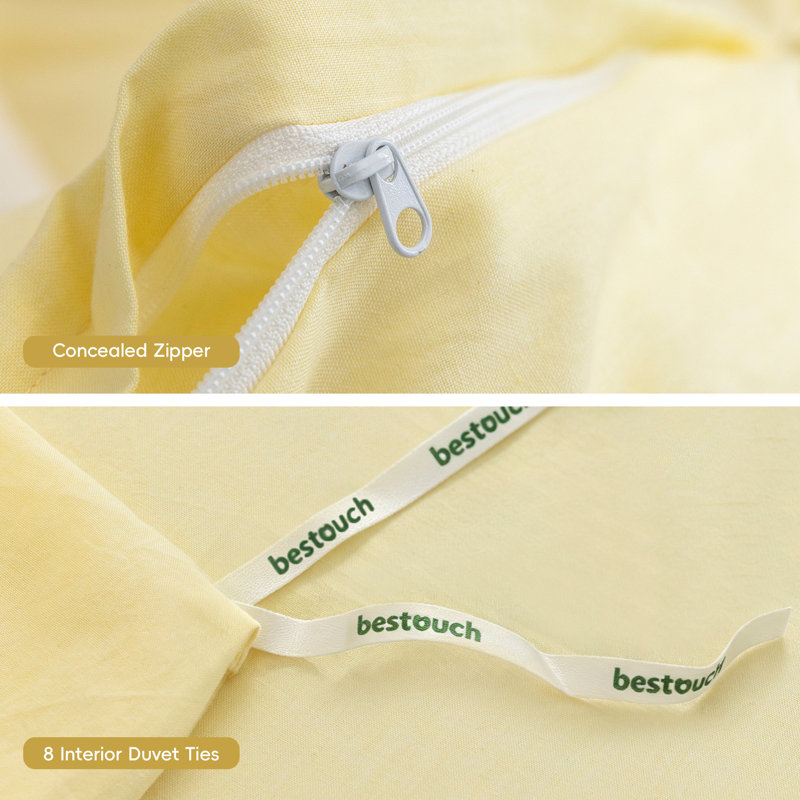 BESTOUCH Duvet Cover Set 100% Washed Cotton Linen Feel Lightweight, Twin Duvet Cover + 1 Standard Pillowcase, Light Yellow