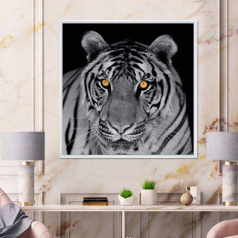 Impression monochrome sur toile, Portrait monochrome d'un tigre blanc II, H 36 po x l 36 po x P 1 po, Cadre flottant blanc