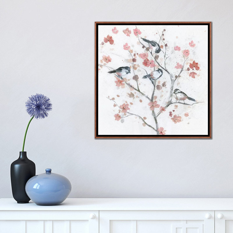 Chickadees In Spring II par Nan - reproduction, H 18 po x l 18 po x 1,5 po, Cadre brun classique, Pas de tapis