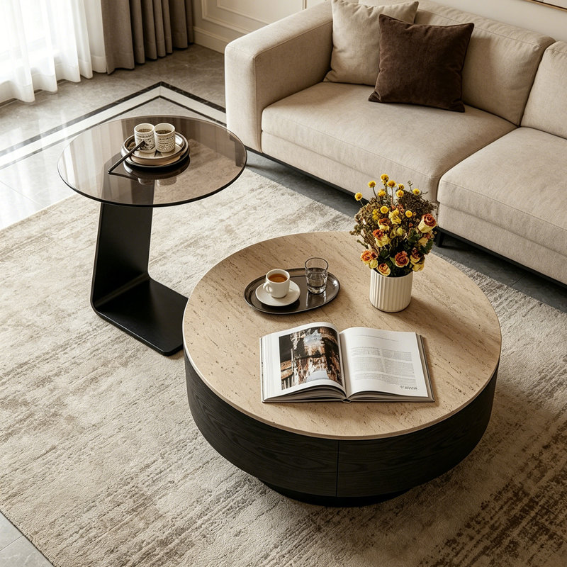 Table basse French French Premium, 13" H x 31.49" W x 31.49" D, Beige/Gray/Black