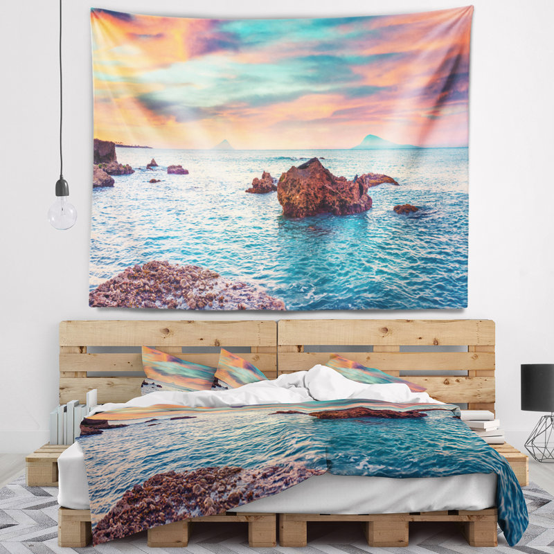 Mélange de soleil sur le tapisserie de mer méditerranée avec accessoires suspendus inclus, H 32 po x l 39 po