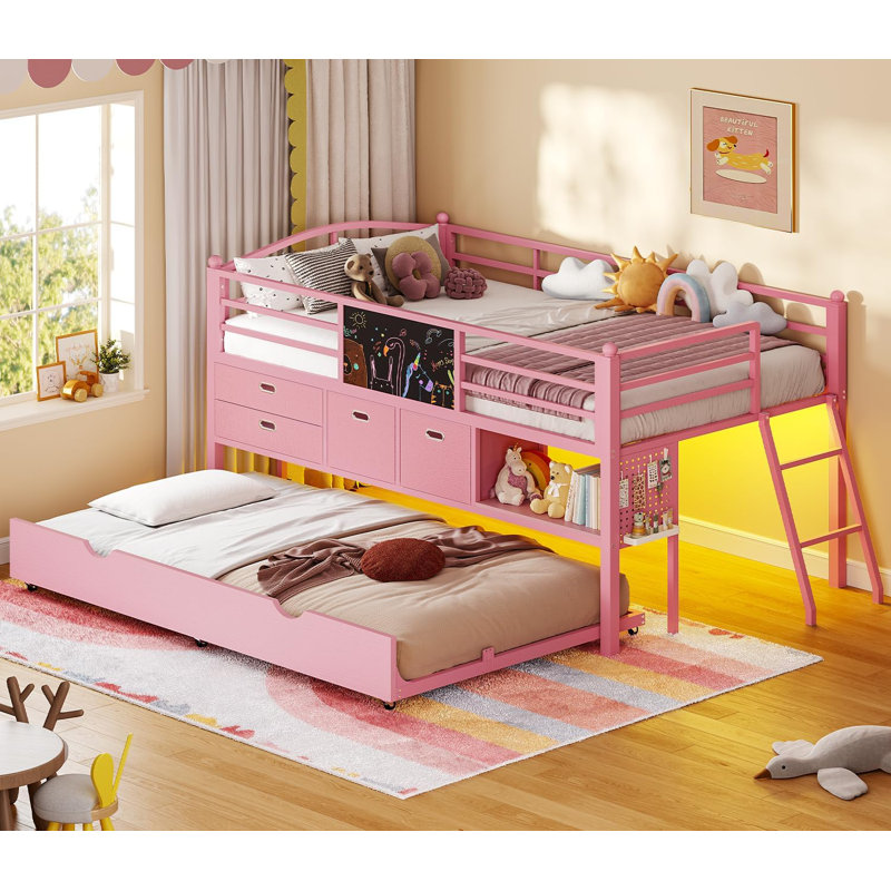 Low Loft Bed Twin Size With Trundle And Led Lights, Loft Bed With 4 Storage Drawers, Diy Pegboard, Pink, Pink