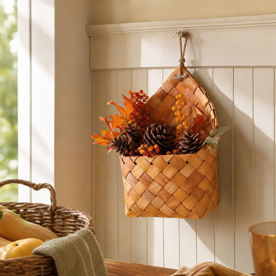 Décoration de Noël : panier de rangement en copeaux de bois tressés, panier mural rustique à fleurs et panier tressé de style vintage pour la décoration intérieure