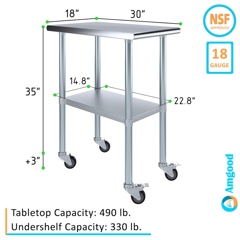 Table en acier inoxydable avec roulettes, H 38 po x L 18 po x l 30 po