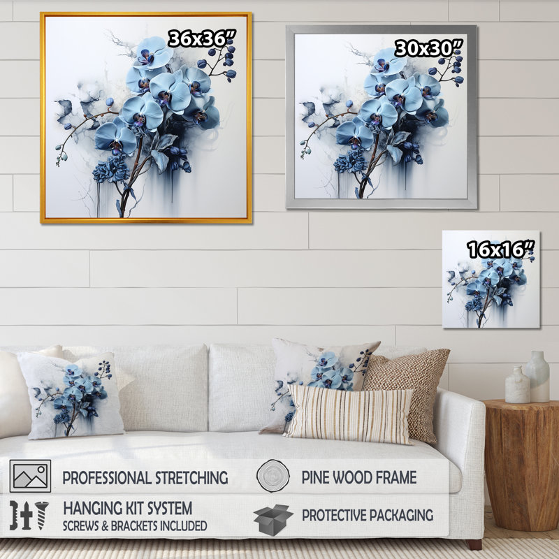 «Blue Orchid Blossoms In Delicate Abstraction», reproduction sur toile, Cadre simple argenté, H 24 po x l 24 po x P 1 po