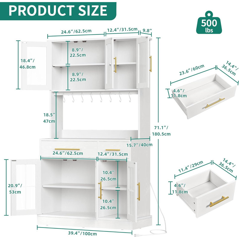 Armoire de rangement pour garde-manger de 71 po avec support pour micro-ondes, grande armoire de cuisine moderne avec prise de courant, garde-manger avec tiroirs et tablettes pour la maison, blanc