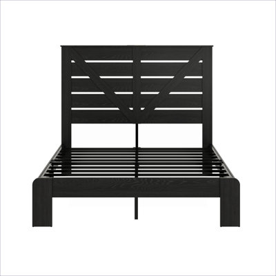 Industrial Style Full Size Wood Platform Bed Frame with Headboard, No Box Spring Required, Deep Black Metal and Wood Construction
