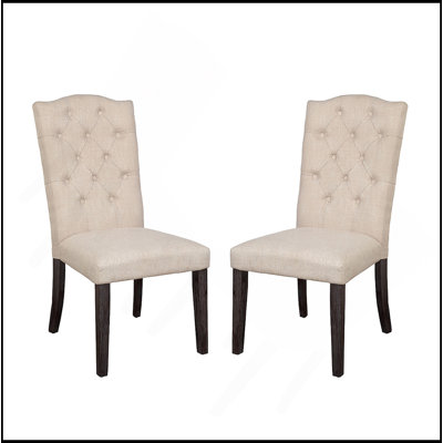 Ensemble de 2 chaises de salle à manger rembourrées en lin avec dossier capitonné, beige et espresso vieilli