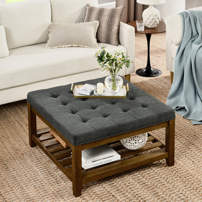 Table basse en lin avec pieds en bois de hêtre, grande housse carrée de style gris foncé et texture douce
