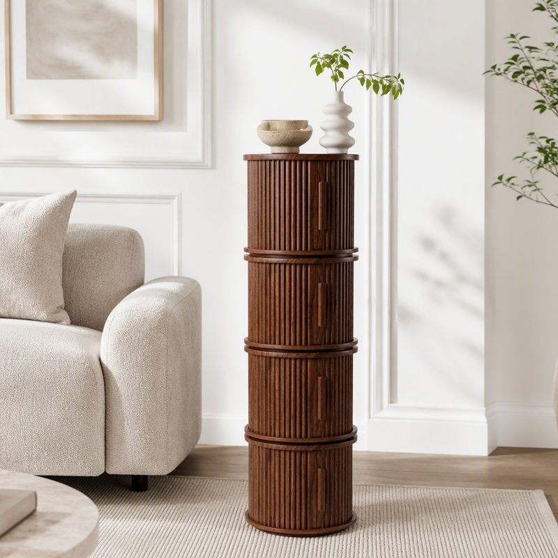 Ensemble de 2 tables basses rondes avec rangement à porte coulissante et colonne romaine cannelée