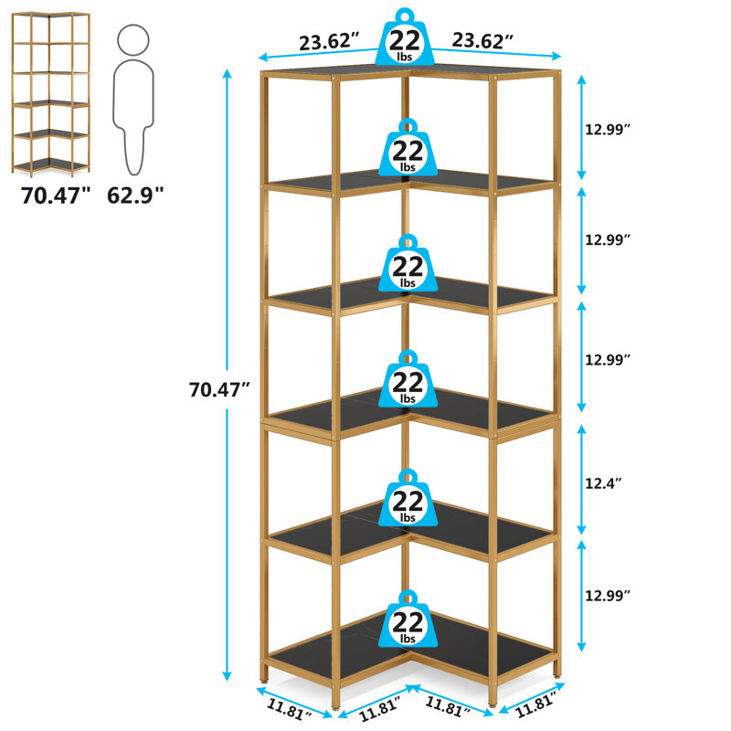 180cm H x 60cm W Metal Corner Bookcase, Gold/Black