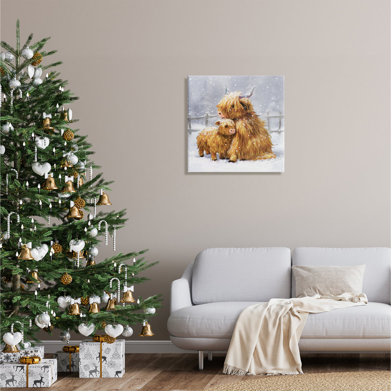 Peinture sur toile, "Bouvier veau, ferme enneigée", H 24 po x l 24 po x P 1,5 po